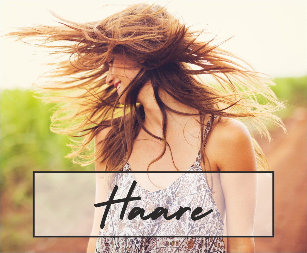 Eine Frau mit im Wind flatternden Haaren. Aufdruck: Haare
