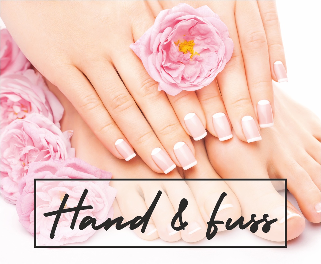 Innenansicht eines Schönheitssalons, wo Maniküre und Pediküre durchgeführt werden. Aufdruck: Hand und Fuß